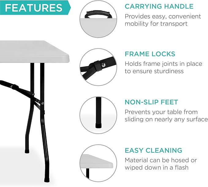 Best Choice Products 6ft Plastic Folding Table, Indoor Outdoor Heavy Duty Portable w/Handle, Lock for Picnic, Party, Camping - Light Gray