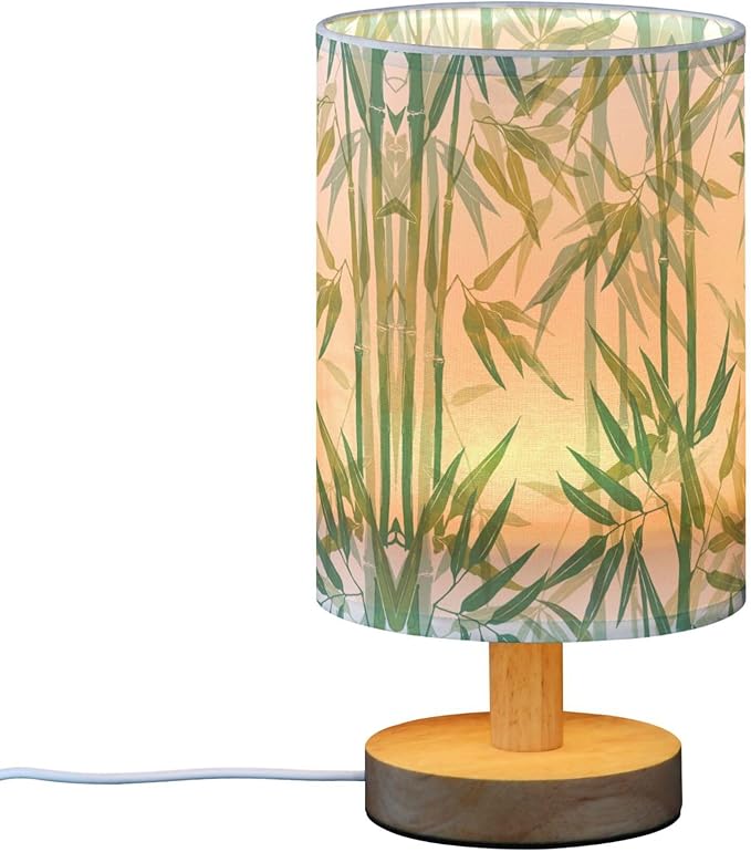 Table Lamp Green Bamboo Boho Design Nightstand Lamp with Wood Base Fabric Lamp Shade Bedside Desk Lamp for Living Room Bedroom Kids Room Office