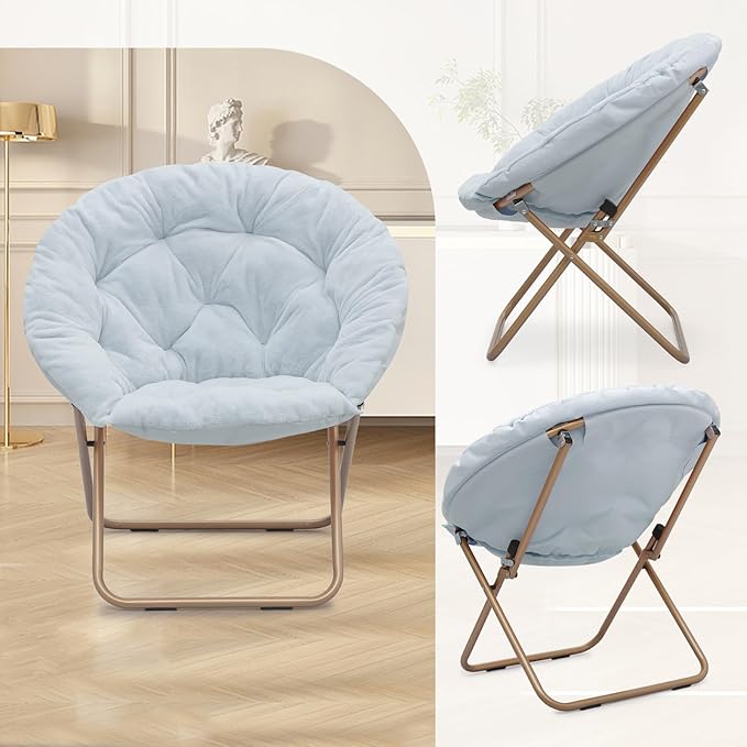 Athena Collection Comfy Saucer Chair Folding Cozy Chair for Bed Room Living Room Accent Chair Faux Fur Reading Chair Foldable Metal Frame Lazy Chair Moon Chair for Adult Set of 2, Blue
