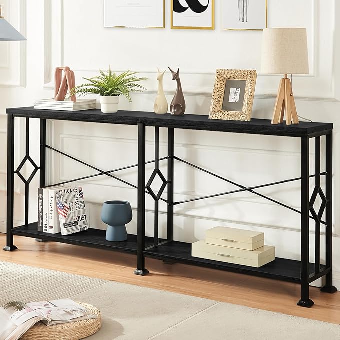 HOMISSUE Long Entryway Console Table, 70.9" Industrial Narrow Sofa Tables Behind Couch with 2 Tier Storage Shelf for Hallway, Living Room, Black