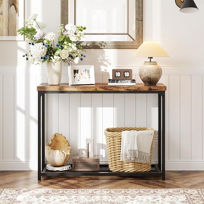 32" Small Console Table, 2-Tier Entryway Table, Sofa Table with Mesh Shelves, Console Tables for Living Room, Bedroom, Hallway, Entryway, Foyer, Rustic Brown