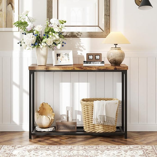 32" Small Console Table, 2-Tier Entryway Table, Sofa Table with Mesh Shelves, Console Tables for Living Room, Bedroom, Hallway, Entryway, Foyer, Rustic Brown
