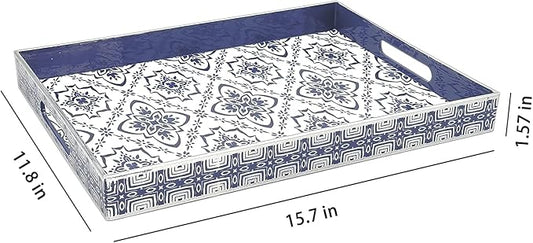 Serving Tray with Handles, 15.7 * 11.8 inches, Plastic Ottoman Tray with Exquisite Paintings, Trays for Coffee Table