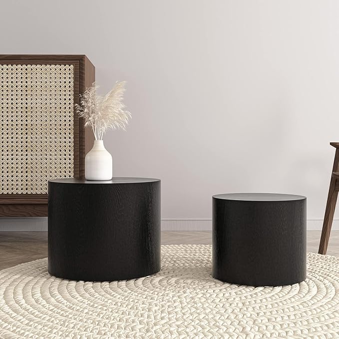 KEVINSPACE Coffee Table Nesting Tables Set of 2, Small Modern Round Coffee Table with Non-Slip Feet, Wooden Circle Accent Tables for Small Spaces Living Room Bedroom Balcony Drum Side Table Black