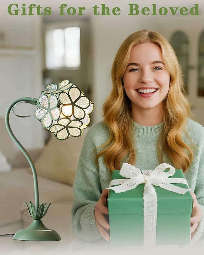 Flower Table Lamp, Vintage Green Floral Desk Light with Artistic Glass Petal Shade, Cottagecore Ambient Bedside Nightstand Lamp for Bedroom, Living Room, Study, Gift