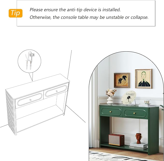 Fluted Console Table with Drawers, Mid-Century Narrow Entryway Table with Open Storage Shelves, Hallway Accent Tables Behind Couch Tables for Living Room (Green)