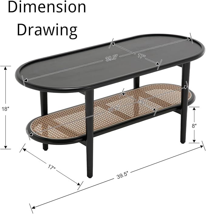 Modern Rattan Coffee Table, 39.5 Oval Black Wood Coffee Table with Storage Shelf for Living Room, 2-Tier Center Table Entryway Table Side Table Nightstand for Bedroom Office Small Space Cafe