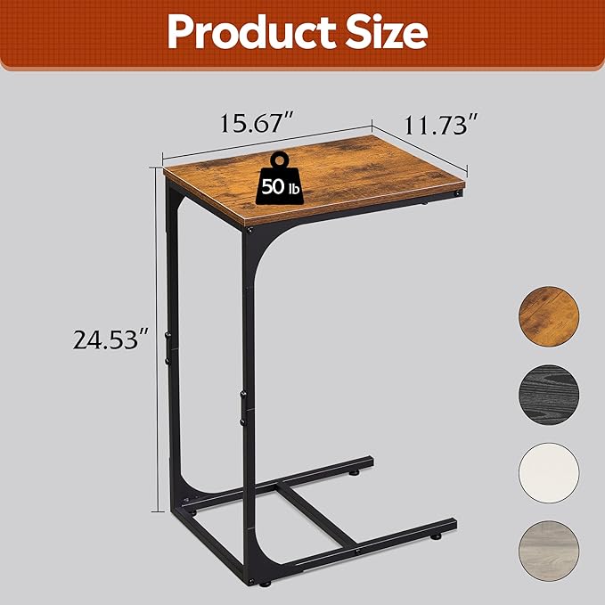 WLIVE C-Shaped End Table Set of 2, Small Couch Side Tables with Metal Frame, Sofa Table TV Tray for Living Room, Bedroom, Rustic Brown