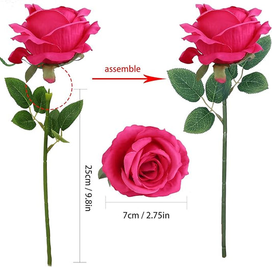 Felice Arts 12 Pack Hot Pink Roses Artificial Flowers with Stems Silk Fuschia Rose Bouquet for Wedding Bridal Bouquet Vase Table Centerpiece DIY Cake Valentines Decoration Decor