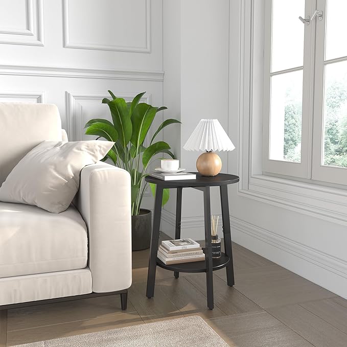 Side Table Set of 2, Small Round End Table with Storage Shelf for Small Space, 2-Tier Black Bedside Table Sofa Couch Table, Nighstands Set of 2 Accent Table for Living Room, Bedroom, Black