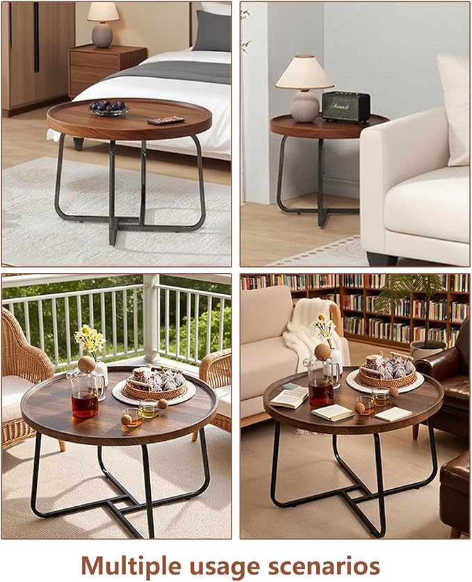 20 inches Round Coffee Table, Wooden Surface Top & Sturdy Metal Legs Coffee Table with Fluted, End Table for Living Room Bedroom Office Balcony Yard (Walnut, 20 inches)