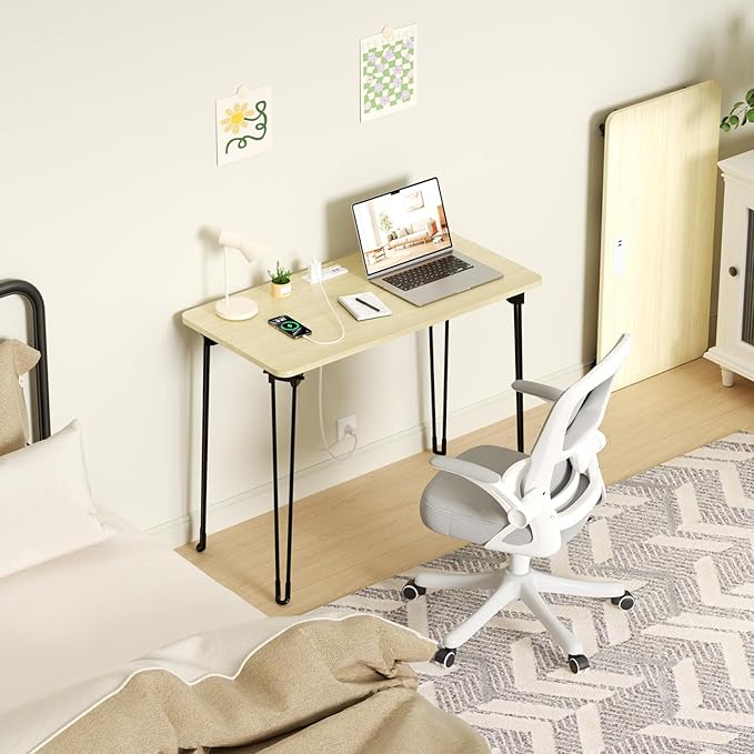 Folding Desk, 31.5" Hairpin Legs Small Desk with Power Strip for Bedroom, Space Saving Foldable Computer Desk for Home Office, No Assembly Need,Beige