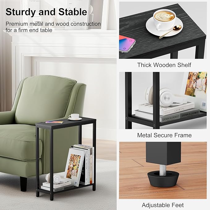 KIMBORA Narrow End Table for Small Spaces, 2 Tier Skinny Small Side Tables Living Room, Slim Couch Nightstand for Bedroom Bedside, Black