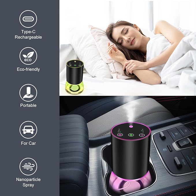 Waterless Essential Oil Diffuser Aromatherapy Scent Diffusers for Home Large Room, Bedroom, Car, Office, Desk, Battery Operated Mini Portable Air Freshener (Black-Glass)