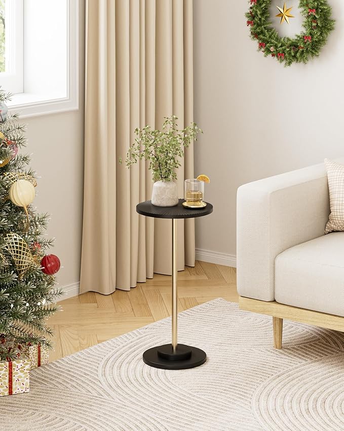 Round Side Table, Small Drink Table for Small Spaces, Modern Accent End Table with Metal Leg for Living Room, Bedroom, Corners, and Office (Black Gold)