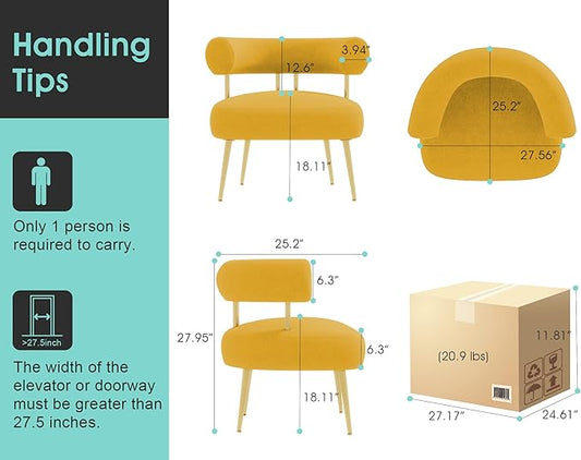 Modern Velvet Accent Chair, Round Upholstered Barrel Armchair for Small Spaces, Fluffy Side Corner Sofa Chair for Living Room, Bedroom(Yellow)
