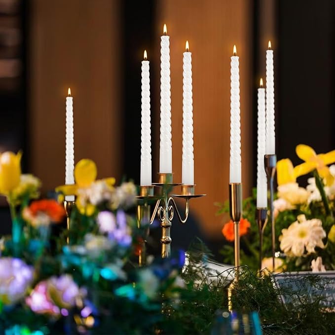 12 Pack White Spiral Taper Candles,Smooth Flame,7+Hour Burn Time,The Perfect Choice for Halloween&Multiple Purposes.