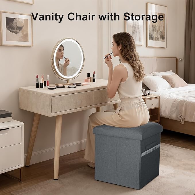 Storage Ottoman with Thicker Foam Padded Seat. 61L Slim Tall Foldable Foot Rest Stool with Linen Fabric, Ottoman with Storage Bench for Living Room Bedroom, 300lbs Weight Support, 17x13x17IN Dark Gray