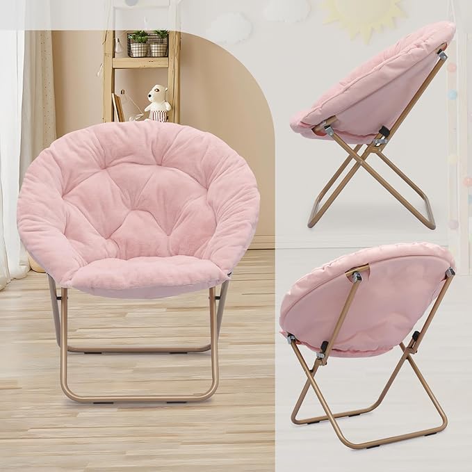 Athena Collection Saucer Chair with Ottoman Comfy Chair for Bed Room Living Room Folding Round Cozy Chair Faux Fur Metal Frame Foldable Lazy Chair Accent Chair Reading Chair Set of 2, Pink