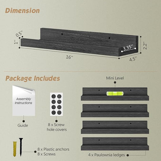 Forbena Black Picture Ledge Shelf, Floating Shelves with Lip for Wall, Small Wall Shelves for Bathroom Bedroom Kitchen Office Living Room Books, Art Pictures, Photo Frame, Plants (4-Pack, Real Wood)