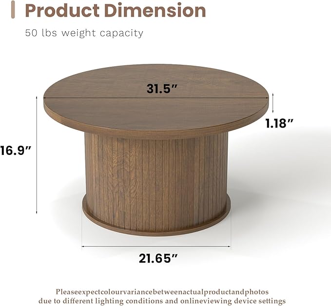 SoarFlash 31.5 Inch Fluted Coffee Table, Mid Century Modern Round Coffee Table, Center Table with Sliding Door and Wood Fluted Handle for Living Room, Brown