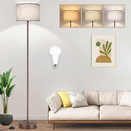 65‘’ Simple Design Floor Lamp with 3CCT 9W LED Bulb, Modern Industrial Standing Lamp for Living Room with Foot Switch, Tall Lamp with Drum Shade, Stand Up Floor Light for Study Bedroom Office, Brown