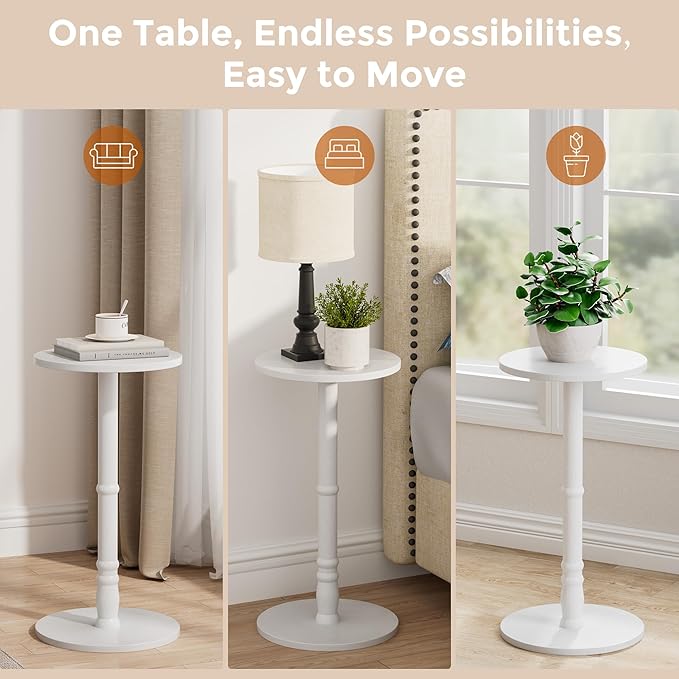 Round Side Table, Solid Wood Pillar with Wood Top & Base, Small Drink Accent Table for Living Room, Bedroom, Sofa & Office, Easy Assembly, White