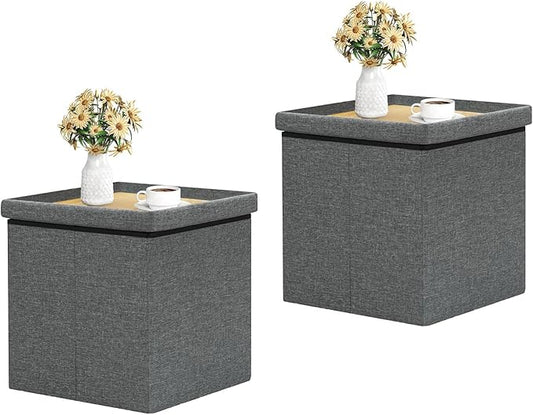 B FSOBEIIALEO Storage Ottoman with Tray, Linen Small Coffee Table Folding Foot Rest Seat Cube, Dark Grey 16"X15.7"x15" Double (2 Pack)