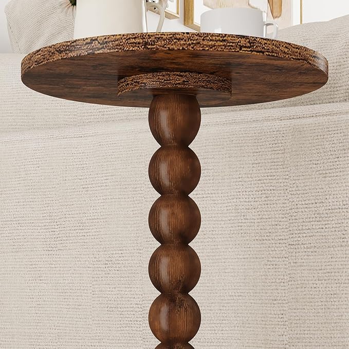 Round Side Table, Small Drink Table for Small Spaces, Pedestal End Table for Living Room, Modern Accent Nightstand with Solid Wood Leg for Bedroom, Corners and Office Brown Color UTBT005F