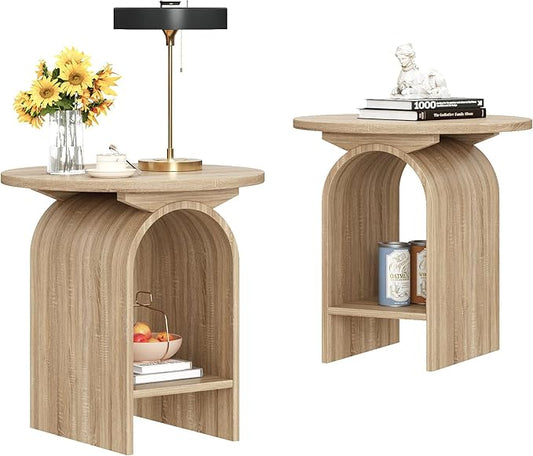 Side Table Set of 2, Round Coffee Table for Living Room, 2-Tier end Table with Storage and Thickened Tabletop, Modern Center Table Boho Small Bed Side Table for Living Room Office, Natural