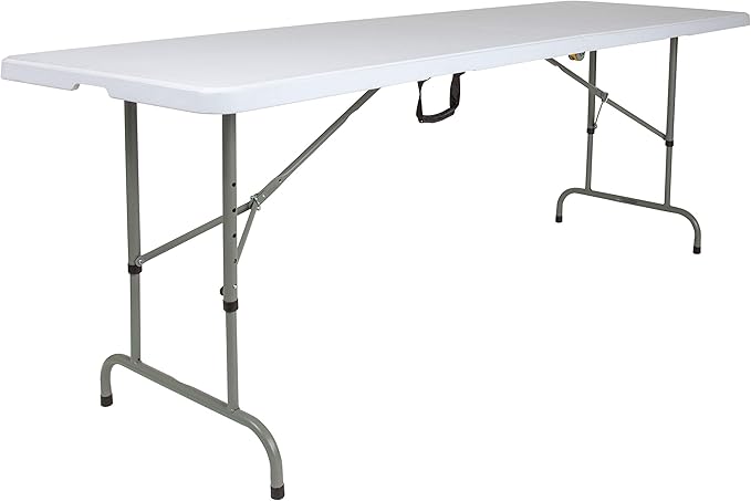 EMMA + OLIVER 8' Height-Adjustable Rectangular Bi-Fold Plastic Folding Table, Long Plastic Foldable Table for Residential Indoor/Outdoor Events, White
