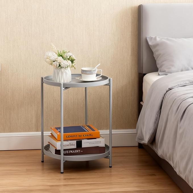 HollyHOME 2-Tier Round Side Table, Outdoor Small Folding Accent Stand with Removable Tray, Anti-Rust Metal Asional Table for Balcony Patio Living Room, Nightstand for Bedroom(Grey)