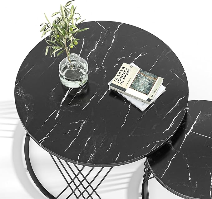 Giluta Black Round Coffee Table Set of 2, Modern Coffee Tables for Living Room, Faux Marble Center Table, Nesting Coffee Table