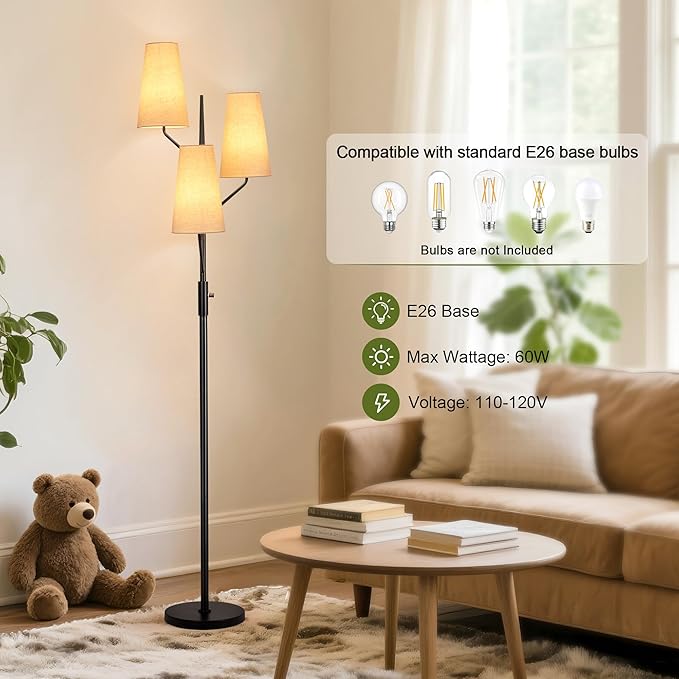 Farmhouse Floor Lamp for Living Room, 70" Tall 3-Light Tree Standing Lamp with Black Pole, Industrial Rustic Floor Lamps for Bedroom, Office and Reading Corner (Bulb Not Included)