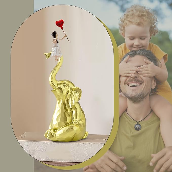 Elephant Statue Home Decor - Handmade Resin Sculpture Girl with Love Balloon Sitting on Elephant Figurines, Gifts for Women Girl Birthday Gold