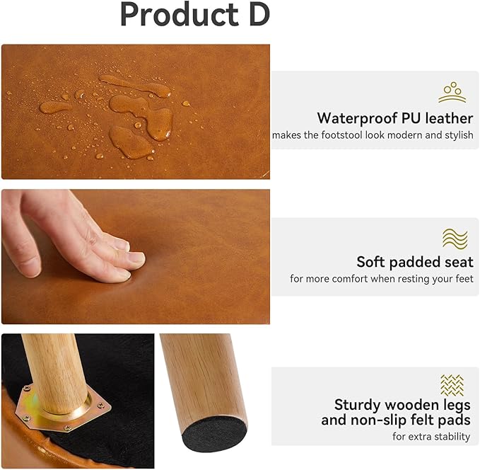 IBUYKE 13 Inch Foot Stool Ottoman with Storage, Round Small Foot Rest with Padded Seat and Wood Legs, PU Faux Leather Mini Footstool for Living Room Couch Bedroom Entryway, Yellowish-Brown WBD023J