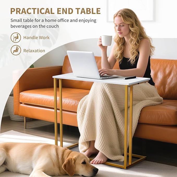 C-Shaped Side Table, Modern End Table with Metal Frame, Space Saving Design for Living Room，Large Surface Couch Table for Bedroom, and Home Office，24 x 12 x 24 inches (Marble White)