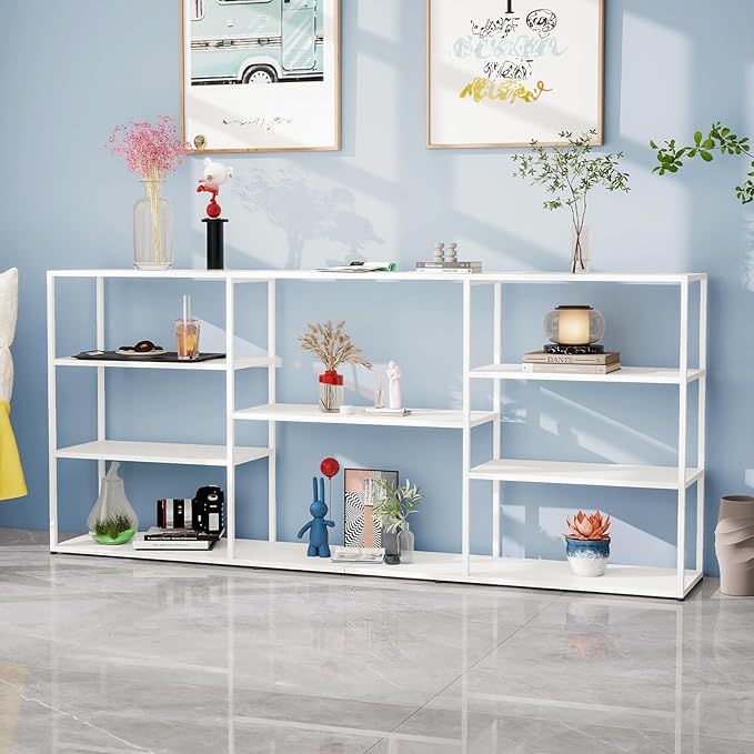 71 Inch Metal Console Table with 8 Storage Shelves,Extra Long Entryway Table,Narrow Sofa Table,Hallway Table for Entrances to Corridor, Foyer,Living Room (White, 70.87×11.81×31.5)