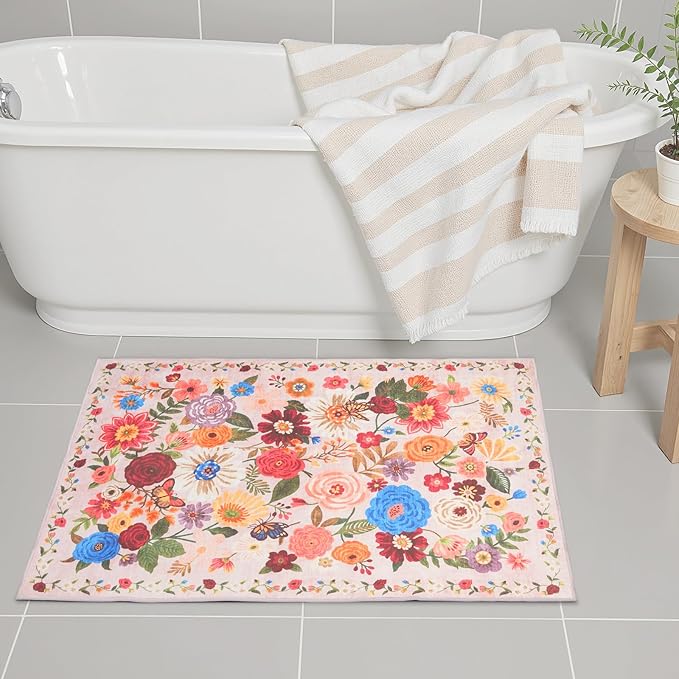 Area Rugs 24x17 Inch Home Decor Entry Rug, Small Door Mat Bath Mats for Bathroom, Ultra-Thin Non Slip Floral Low Pile Tub Mat for Sink Shower Doorway Tub Kitchen Sink(2 x 1.4 ft, Beige/Pink Garden)