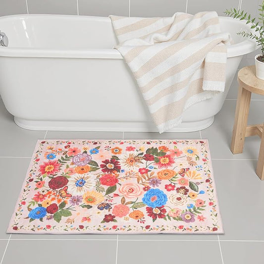Area Rugs 24x17 Inch Home Decor Entry Rug, Small Door Mat Bath Mats for Bathroom, Ultra-Thin Non Slip Floral Low Pile Tub Mat for Sink Shower Doorway Tub Kitchen Sink(2 x 1.4 ft, Beige/Pink Garden)