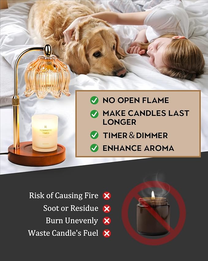Candle Warmer Lamp with Timer Dimmable, Height Adjustable, Birthday Gifts for Women Mom, Suitable for New Home Decoration, Christmas Gift Lotus Flower Candle lamp,With 2 bulbs,Suitable for Jar Candles