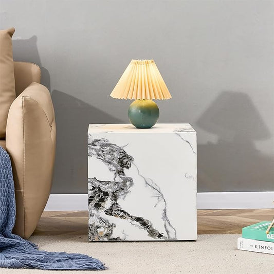 End Table, White Marble Side Table, Beside Table Couch Coffee Table, Cube Accent Living Room Sofa Table, Bedside Table Nightstand for Small Spaces, Bedroom (Modern, Marble 01)