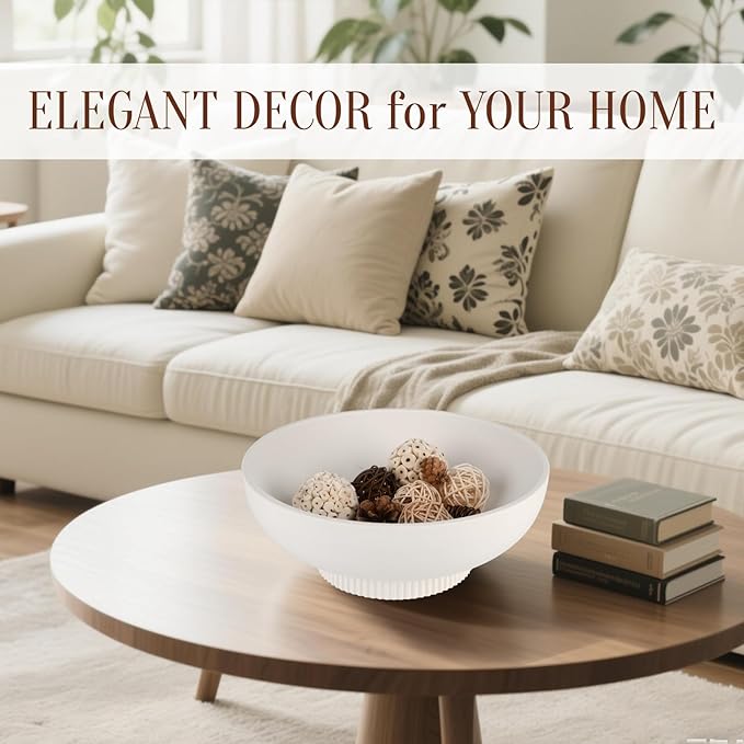 Large Resin Pedestal Decorative Bowl - Modern Handicraft Bowls for Home Decor - Fruit Bowl for Kitchen Counter - Key Bowl for Entryway Table,Artificial Stone White