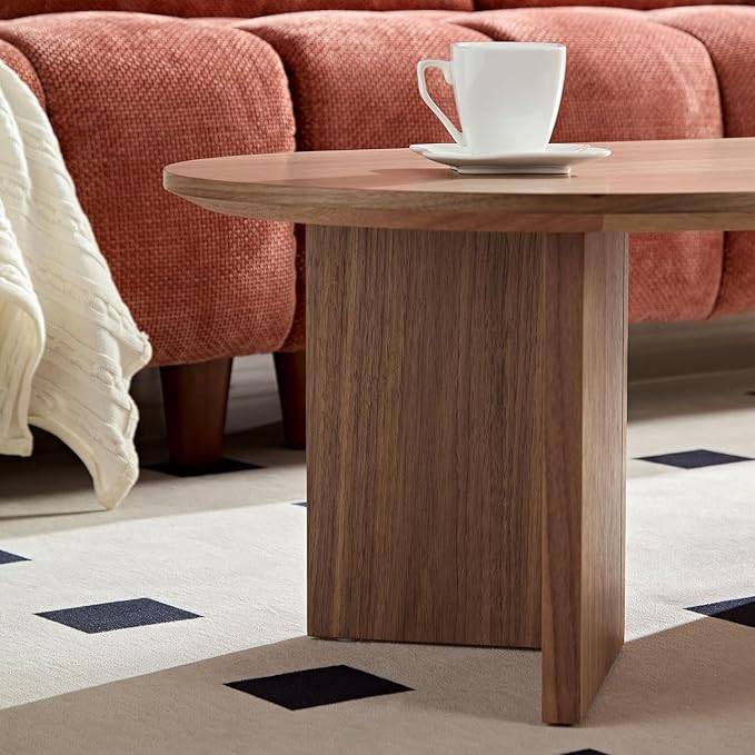 39.37'' Oval Coffee Table for Living Room, MDF Coffee Table Center Table for Bedroom, Modern Coffee Table End Table Side Table Accent Tea Table with Sturdy Pedestal for Apartment Office, Walnut