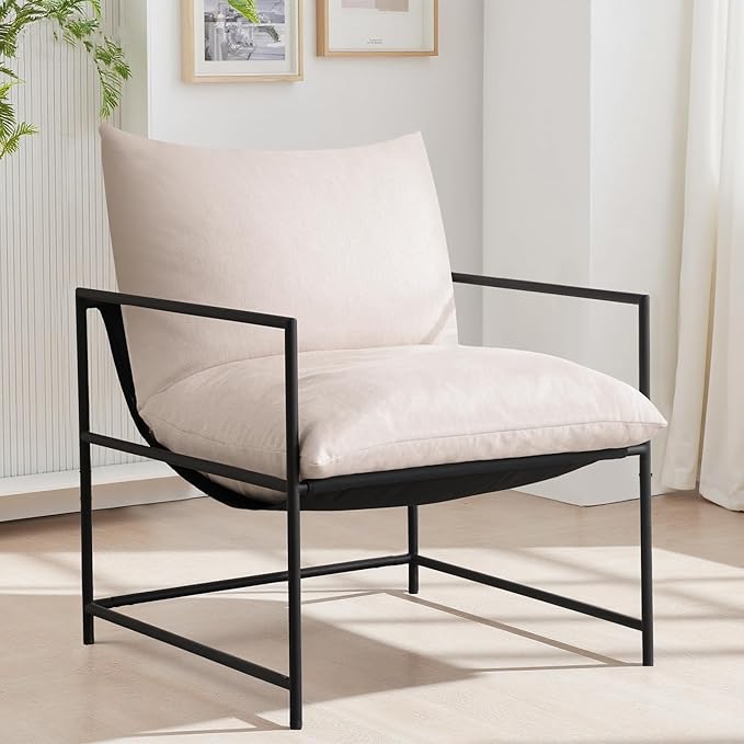 Sling Accent Chair with Metal Frame, Modern Armchair with Memory Foam Cushion, Comfy Lounge Chair for Living Room Bedroom Balcony, Beige