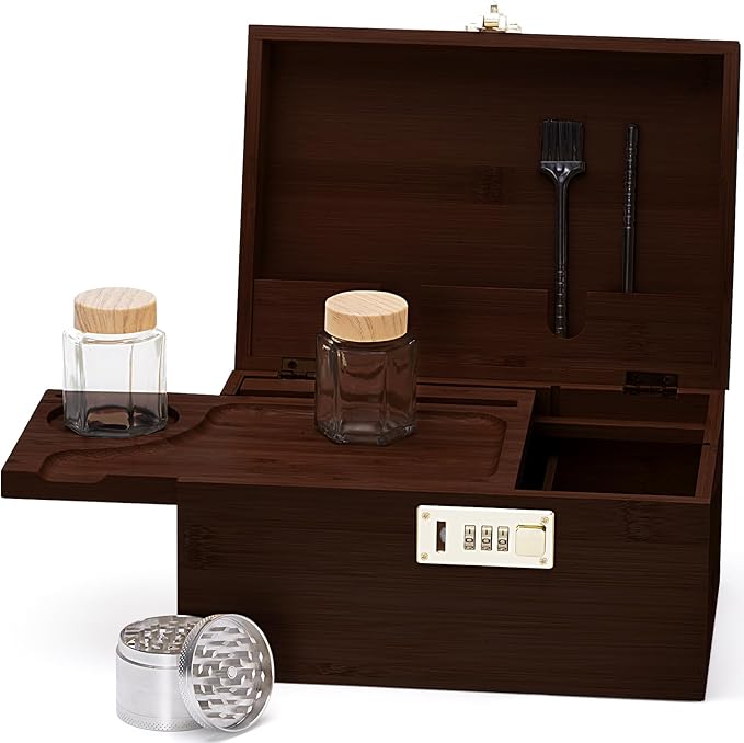 Large bamboo box, locked storage decorative box with combination lock, wooden lock box with lid, wooden locked storage box with removable tray and jars (Brown)