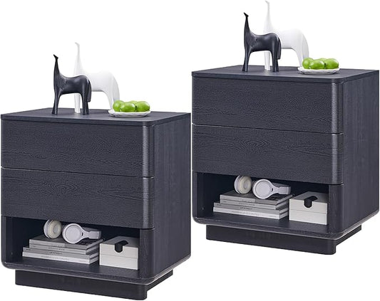 ACCOHOHO Nightstand Set of 2 with Charging Station, 22" Large Modern Bedside Table with 2 Drawers Storage,Push-to-Open End Table for Bedroom,Living Room,Black