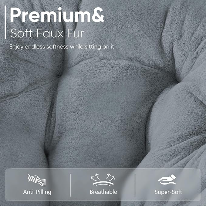 DUMOS Comfy Saucer Chairs Cozy Faux Fur Soft Lounge Cute Folding Bedroom Living Room Seat Flexible Reading Foldable Seating for Kids Adults Thick Padded Metal Frame Modern for Home Office Classic Gray