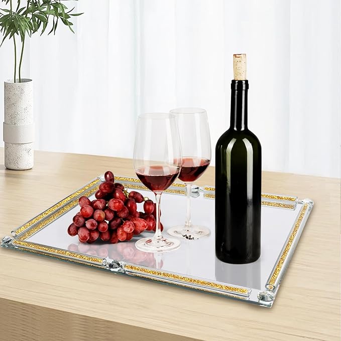 Large Mirror Perfume Tray for Dresser,Crushed Diamond Filled Glass Vanity Tray,Gold Decorative Bathroom Tray,Crystal Tray for Home Decorative,Party,Hotel Banquet,15.7x11.8x1.4inch,Gold
