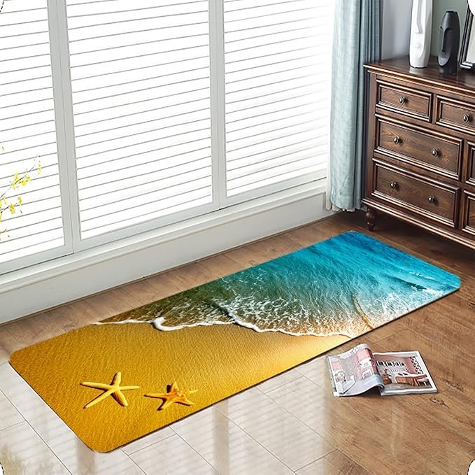 Bath Rugs Sponge Foam Absorbent Soft for Bathroom and Kitchen (47x18 inches), Flannel Mat Non Slip Bright 3D Print for Bedside and Living Room(Starfish Beach)